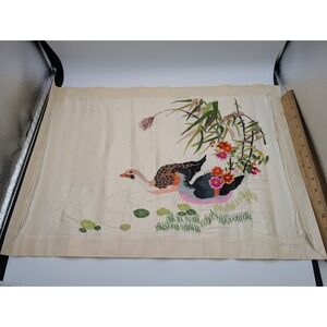 Vntge. Hand Embroidered Silk Panel Mandarin Ducks Floral Asian Textile Art 16X24